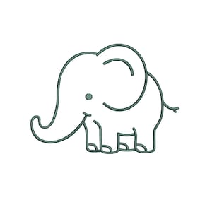May include: A minimalist line drawing of an elephant in a teal color. The elephant has large ears, a trunk, and a small tail. The design is simple and cartoonish, perfect for children's products or nursery decor.