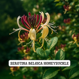 May include: Close-up of Serotina Belgica Honeysuckle flowers. The flowers have a mix of colors, including yellow, white, and burgundy. The image shows the flowers in full bloom, with green leaves in the background. The text "SEROTINA BELGICA HONEYSUCKLE" is displayed.