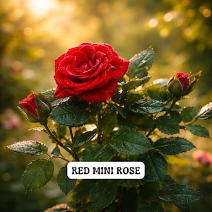 May include: A vibrant red mini rose in full bloom, with water droplets on the petals and leaves. The image features a close-up of the flower, with a blurred background of green foliage and sunlight. The text "RED MINI ROSE" is displayed.