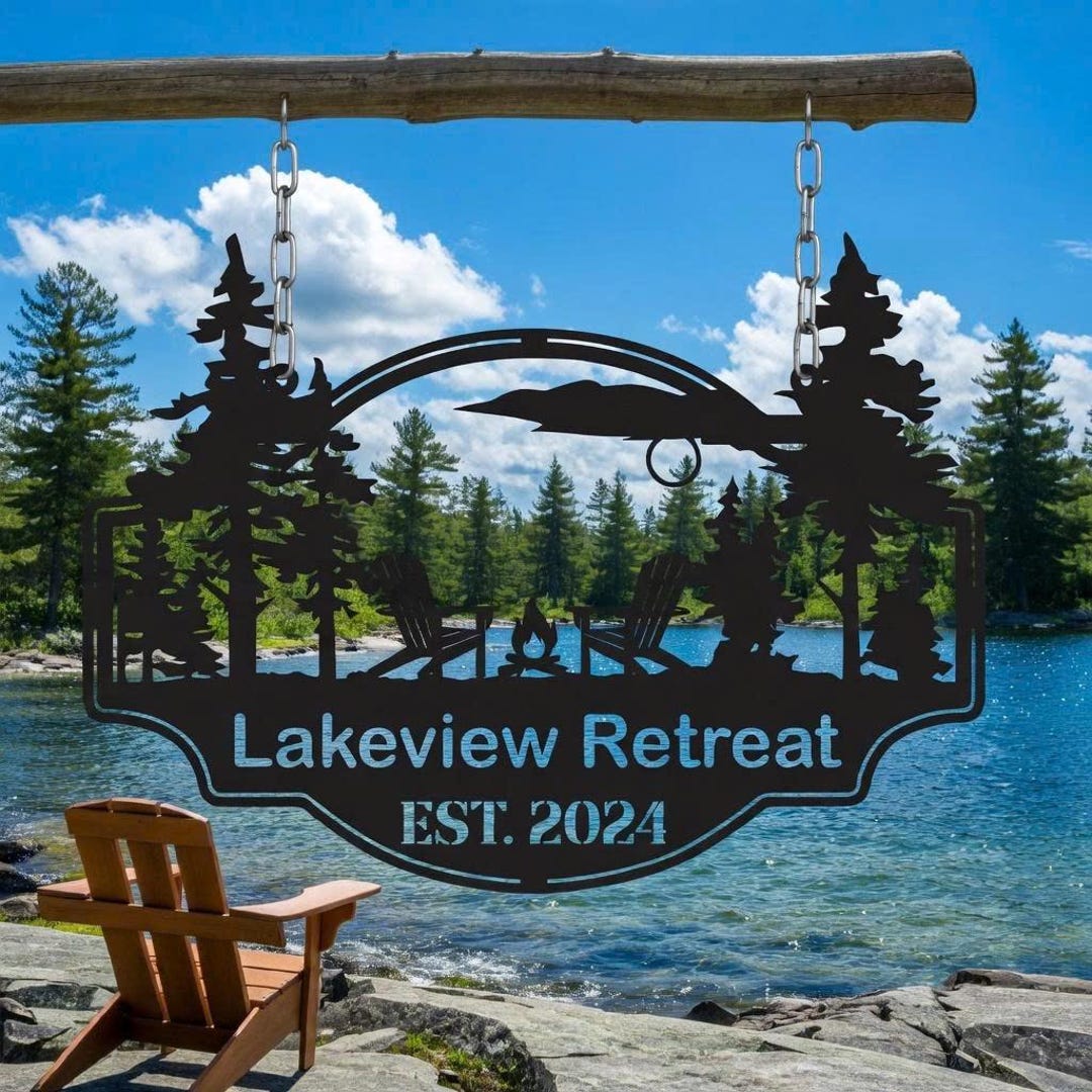 Personalized Lake House Metal Sign, Lakeview Retreat Custom Name Sign ...