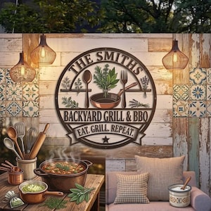 Könnte beinhalten: Ein rundes Metallschild mit der Aufschrift "THE SMITHS" und "BACKYARD GRILL & BBQ" mit einem Löffel, einer Gabel und einem Pfannendesign. Das Schild enthält auch den Text "EAT. GRILL. REPEAT." Es ist an einer Holzwand mit dekorativen Lichtern befestigt.