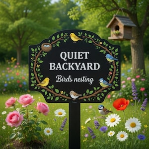 May include: A black metal sign with the words "QUIET BACKYARD Birds nesting" in white. The sign is decorated with illustrations of birds and foliage. The sign is in a garden with flowers and a birdhouse in the background.