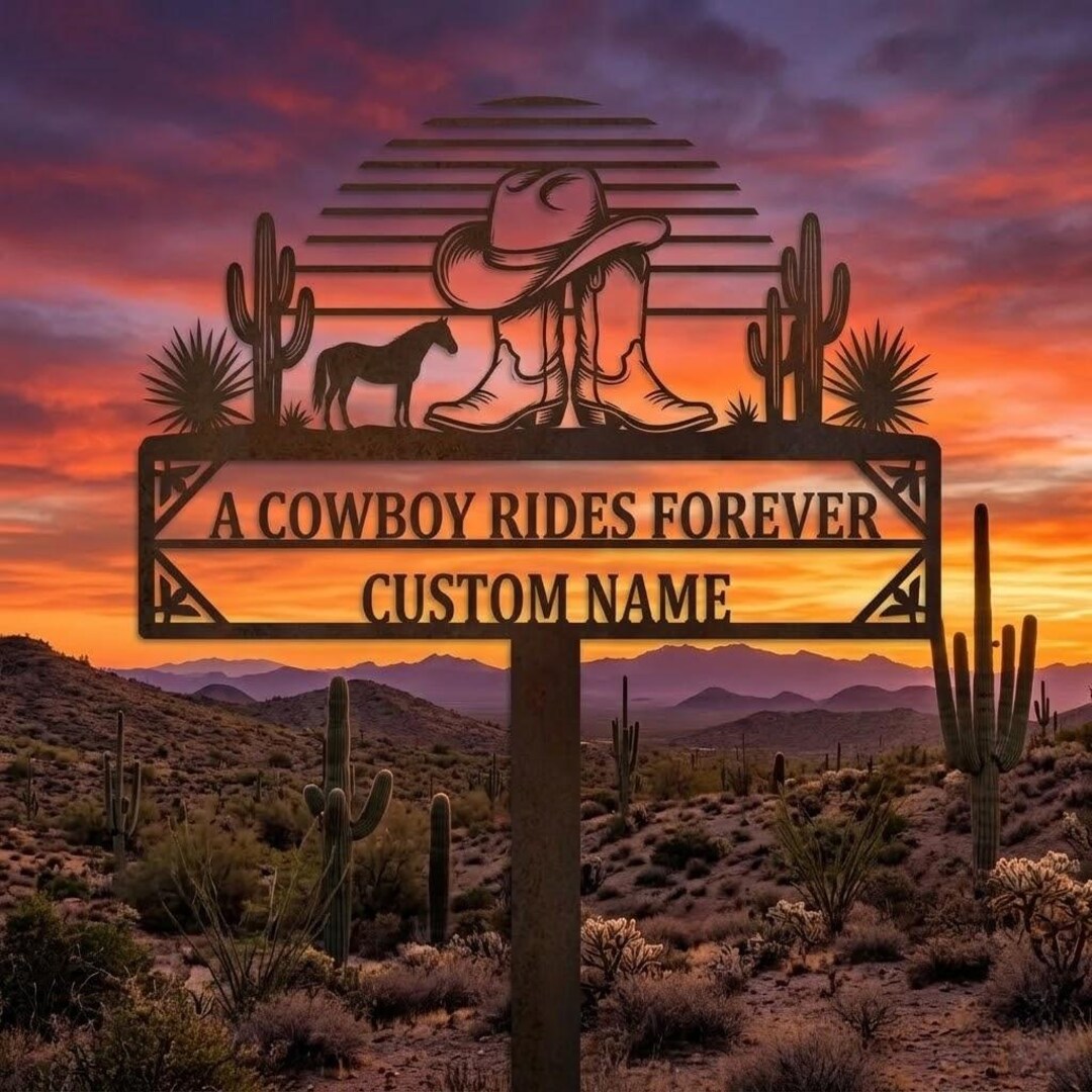 Cowboy Sign Posts Cowboy Rides Forever Metal Sign – Western Memorial Decor – Personalized ...