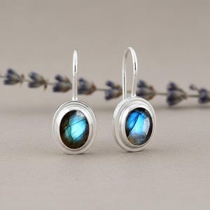 Puede incluir: Un par de pendientes colgantes ovalados plateados. Cada pendiente presenta una piedra preciosa ovalada con tonos azules y verdes. Los pendientes están engastados en un marco plateado pulido simple, con un gancho curvo para orejas perforadas.