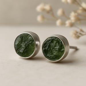 Natural Moldavite Round Stud Earrings • 925 Sterling Silver • Raw Green Meteorite Gem • Handmade Gift for Her