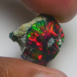 May include: A rough-cut black opal gemstone with vibrant internal fire. The opal displays flashes of red, green, and orange hues within a dark matrix. The stone is held between two fingers, showcasing its natural, unpolished state.