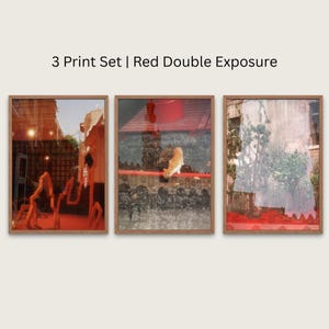 Può includere: Un set di tre stampe incorniciate con un effetto di doppia esposizione rosso. Le stampe presentano immagini sovrapposte di edifici, un gatto e fogliame. Il testo "3 Print Set | Red Double Exposure" è in alto.