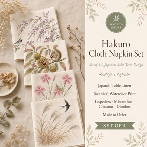 May include: A set of four square cloth napkins featuring botanical watercolour prints. Each napkin displays a different design: purple flowers with a bird, a squirrel on a chestnut branch, pink dianthus flowers with a grasshopper, and miscanthus grass with a bird. The text reads Hakuro Cloth Napkin Set, Set of 4, Japanese Solar Term Design, Japandi Table Linen, Botanical Watercolour Print, Lespedeza, Miscanthus, Chestnut, Dianthus, Made to Order, SET OF 4.