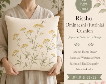 Cojín decorativo Risshu Ominaeshi (Patrinia) / Funda de cojín japonesa con terminología solar / Decoración japonesa Patrinia Libélula Roja / Cojín de acuarela