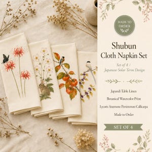 May include: A set of four off-white cloth napkins featuring botanical watercolour prints of Lycoris, anemone with a rabbit, persimmons with a bird, and Callicarpa with a bird. The text reads Shubun Cloth Napkin Set, Set of 4, Japanese Solar Term Design, Japandi Table Linen, Botanical Watercolour Print, Lycoris Anemone Persimmon Callicarpa, Made to Order, Set of 4.