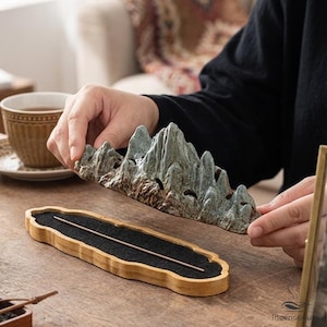 Mountain Range Incense Burner Bamboo Base Ceramic Feng Shui Zen Tea Room Office Desk Decor Gift Mountain Landscape Mountain Altar Decor
