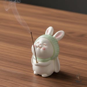 May include: A white ceramic bunny figurine with a green hat and scarf, holding an incense stick. The bunny has rosy cheeks and a smiling expression. Smoke rises from the incense stick. The figurine is on a wooden surface.