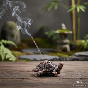 Puede incluir: Un porta incienso con forma de tortuga de color bronce con una varilla de incienso que emite humo. El soporte está sobre una superficie de madera, con un fondo borroso que representa una escena de jardín con bambú y una linterna de piedra.