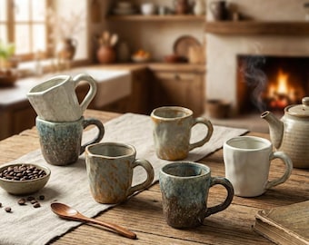 May include: A collection of handmade ceramic mugs in various colors, including white, blue, and brown, arranged on a wooden table. The mugs have unique, textured surfaces and curved handles. A wooden spoon and a small bowl of coffee beans are also present.