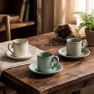 May include: Three ceramic coffee cups and saucers in cream and teal are on a rustic wooden table. The cups have a simple design with a handle and a dotted rim. A burlap sack of coffee beans and a potted plant are in the background.