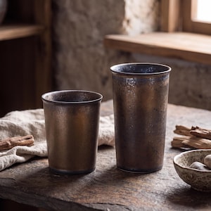 Może przedstawiać: Dwa cylindryczne kubki ceramiczne z metalicznym brązowym i ciemnobrązowym nakrapianym szkliwem. Krótszy kubek znajduje się po lewej stronie, a wyższy, smuklejszy kubek po prawej, oba z gładką, lekko rozszerzającą się krawędzią.