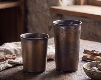 Japanese Wabi Sabi Ceramic Coffee Cup 290ml / 350ml | Rustic Rust Glaze Tumbler | Vintage Stoneware Tea Cup