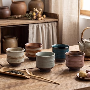 May include: A collection of handcrafted ceramic teacups in various colors, including blue, pink, and brown, arranged on a wooden table. The cups have a rustic, textured finish and are part of a tea set. A wooden tea scoop and a small plate with pastries are also present.
