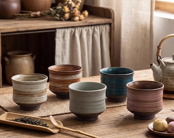 Japanese Rustic Ceramic Tea Cup 130ml | Handmade Wabi Sabi Stoneware Cup | Vintage Stacked Texture Tea Cup | Minimalist Matcha & Tea Cup Set