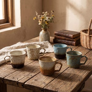 May include: Six ceramic mugs with textured surfaces and varied colours sit on a wooden table. The mugs display tones of beige, brown, and blue. A vase of dried flowers, old books, and a wicker basket are also on the table.