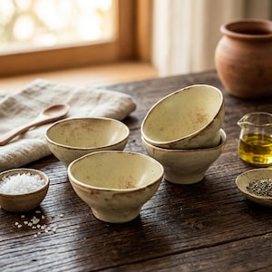 Puede incluir: Una colección de cuencos de cerámica pequeños, hechos a mano, de varios tamaños. Los cuencos tienen un esmalte amarillo verdoso claro con bordes marrones, lo que sugiere una estética rústica. También hay sal, hierbas y aceite, lo que sugiere un tema culinario.