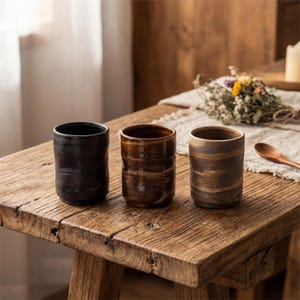 Può includere: Tre bicchieri in ceramica in varie tonalità di marrone e nero sono su un tavolo di legno rustico. Le tazze cilindriche hanno una finitura strutturata e smaltata. Lo sfondo include una finestra, fiori e un cucchiaio di legno.