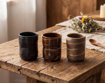 Hand Pinched Rustic Ceramic Mug 170ml  | Wabi Sabi Handleless Tea Cup | Japanese Stoneware Yunomi | Minimalist Coffee Cup