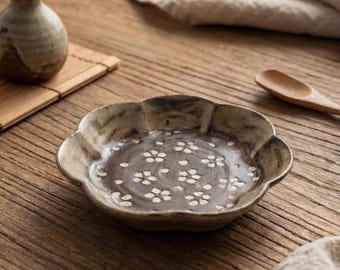 Wabi Sabi Plum Blossom Dipping Dish 4.8 Inch | Japanese Rustic Ceramic Soy Sauce Plate | Handmade Stoneware Serving Plate
