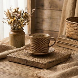 Puede incluir: Una taza y platillo de café de cerámica marrón con un patrón diagonal texturizado. La taza está sobre una tabla de madera, con un pequeño jarrón de flores secas y una cesta tejida en el fondo. La escena tiene una estética rústica y campestre.