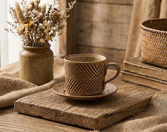 250ml Vintage Wabi-Sabi Stoneware Coffee Cup Set | Handcrafted Rustic Ceramic Mug with Spoon & Saucer | Minimalist Retro Tea Cup
