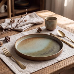 Puede incluir: Un plato redondo de cerámica con un degradado de tonos verdes y marrones apagados, acompañado de una taza de cerámica a juego, un tenedor, un cuchillo y una cuchara de metal dorado, todo dispuesto sobre un mantel individual de lino beige claro.