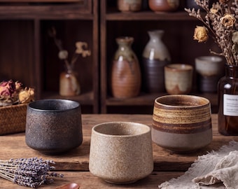 Japanese Wabi Sabi Ceramic Handleless Coffee Cup 200ml  | Rustic Stoneware Tea Cup | Vintage Kiln Glaze Tumbler