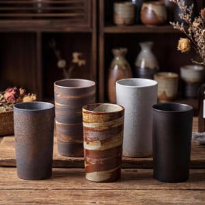 Może przedstawiać: Kolekcja ceramicznych kubków w różnych odcieniach ziemi. Kubki mają unikalne tekstury i wzory, w tym nakrapiane, prążkowane i jednolite wykończenia. Ułożone są na drewnianej powierzchni, sugerując rustykalny lub rzemieślniczy motyw.