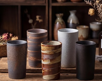 Wabi Sabi Tall Ceramic Cup 250ml | Japanese Rustic Stoneware Tumbler | Handmade Pottery Tea Cup | Minimalist Coffee Cup