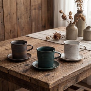 May include: Three ceramic mugs with matching saucers sit on a rustic wooden table. The mugs are in shades of brown, teal, and off-white. Dried flowers and vases are in the background, creating a warm, inviting scene.