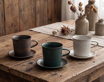 Japanese Rustic Ceramic Cup and Saucer Set 210ml | Wabi Sabi Stoneware Coffee Cup | Handmade Ribbed Tea Cup Set | Vintage Mug Set