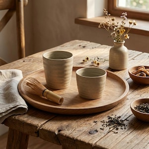 Puede incluir: Una bandeja de madera rústica contiene dos tazas de cerámica beige, un batidor de bambú y pequeños cuencos de madera. Un pequeño jarrón con flores secas está cerca. La escena está ambientada en una mesa de madera envejecida.