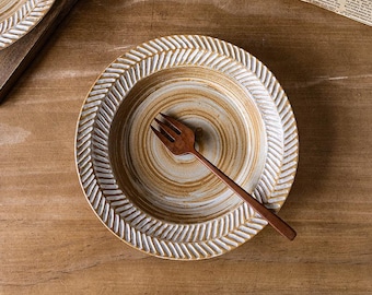 Rustic 8.3 inch Pasta Plate | Wheat-Pattern Ceramic Plate Bowl | Handmade Pottery Plate for Pasta & Salad | Vintage Ceramic Tableware