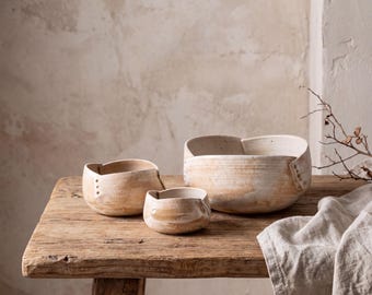 Wabi Sabi Irregular Rivet Ceramic Bowl 3 / 4 / 6.5 Inch | Rustic Stoneware Serving Bowl | Japanese  Salad Bowl | Neutral Tableware