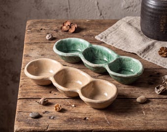 Japanese Wabi Sabi Ceramic Sauce Dish | 3 Compartment Condiment Dish | Rustic Stoneware Dipping Bowl | Vintage Appetizer Serving Plate