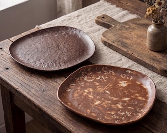 Japanese Rustic Ceramic Serving Plate 10.8 Inch | Handmade Chrysanthemum Relief Plate | Wabi Sabi Stoneware Oval Platter | 2 Colors