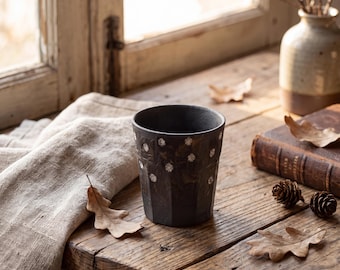 Japanese Black Ceramic Tea Cup 180ml | Wabi Sabi Silver Speck Stoneware Coffee Cup | Rustic Yunomi Cup