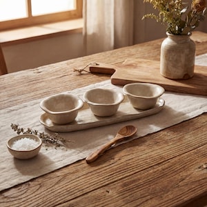 Ensemble de vaisselle à trempette nordique rustique en céramique | Bol à sauce glacé de 4 po. et assiette de service de 12 po. | Bol à collation en grès Wabi Sabi