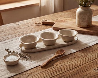 Nordic Rustic Ceramic Dipping Dish Set | 4 Inch Glaze Sauce Bowl & 12 Inch Serving Plate | Wabi Sabi Stoneware Condiment Snack Bowl