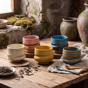 May include: A set of five ceramic tea cups in various colors including cream, pink, yellow, blue, and a multi-colored green and brown glaze. Each cup features a rounded, slightly rippled body shape and a small base, accompanied by two small spoons.
