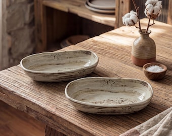 Japanese Wabi-Sabi Oval Ceramic Bowl 9 Inch | Handmade Rustic Stoneware Serving Bowl | Minimalist Ceramic Dish | Artisan Pottery Tableware