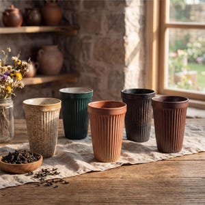 Puede incluir: Colección de cinco tazas de cerámica acanaladas en beige, verde oscuro, terracota, negro y marrón. Las tazas están dispuestas sobre una mesa de madera con un paño de lino, junto a un cuenco de madera con hojas de té y un jarrón con flores secas.