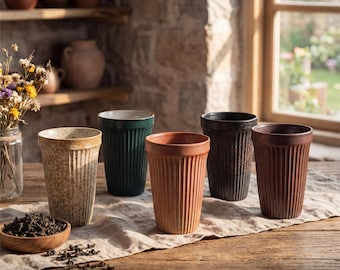 Japanese Rustic Ceramic Mug 440ml | Ribbed Stoneware Cup | Wabi-Sabi Coffee Mug | Minimal Vintage Tea Cup | Custom Name Available