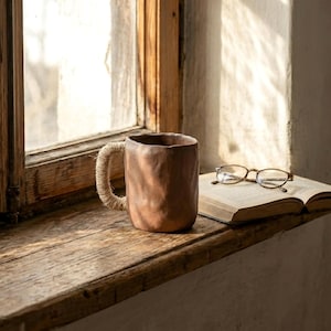 Peut inclure: Une tasse en céramique marron avec une anse en corde est posée sur un rebord de fenêtre en bois, à côté d'un livre ouvert et de lunettes. La tasse a une surface texturée et un aspect rustique.
