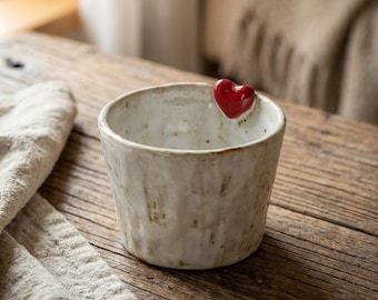 Rustic Ceramic Heart Mug | 200ML Stoneware Tea Cup | Artisan Pottery Coffee Mug | Wabi-sabi Gift for Her | Cute Red Heart Cup